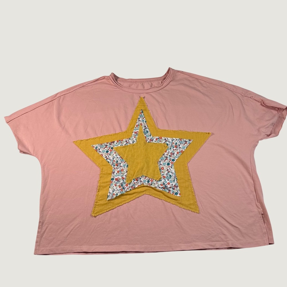 Pink Boxy Star Patchwork Floral T-Shirt Oversized Cotton Blend XL